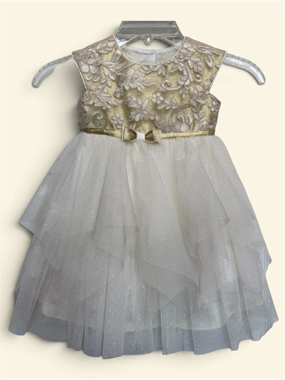 Jona Michelle Ivory & Gold Sparkly Tulle Holiday Dress